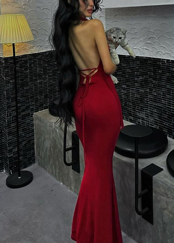 Novelty Red Halter Tie Waist Long Dresses Summer Yj002