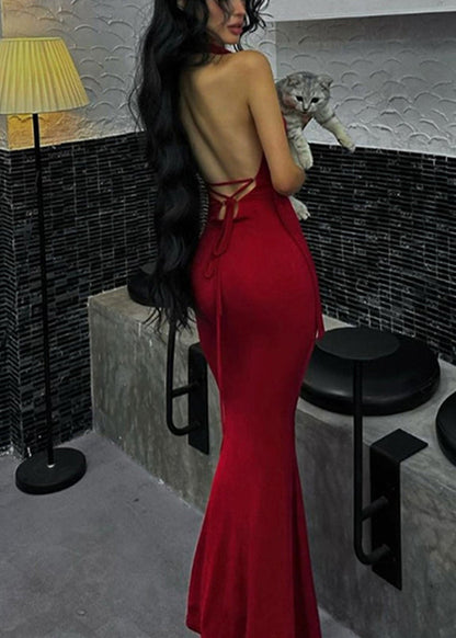Novelty Red Halter Tie Waist Long Dresses Summer Yj002