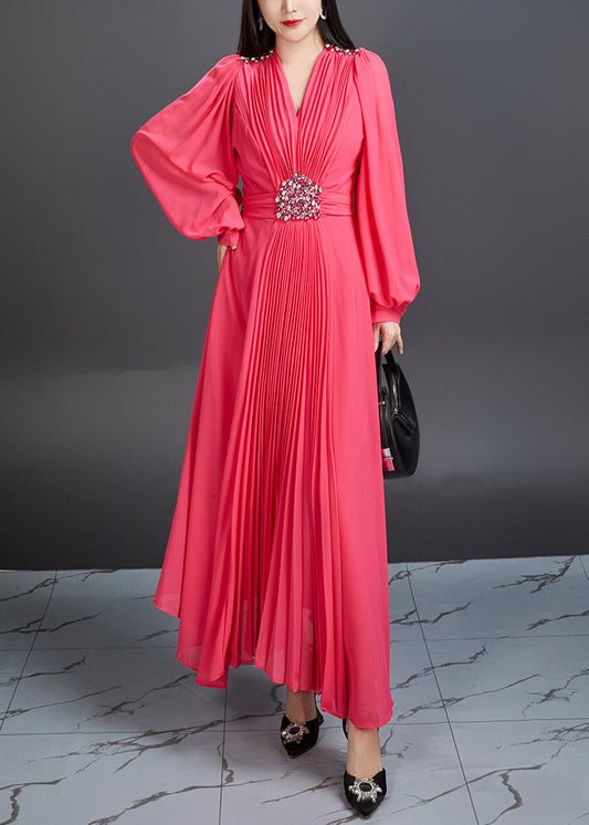 Novelty Red V Neck Wrinkled Chiffon Long Dress Fall Ar1039