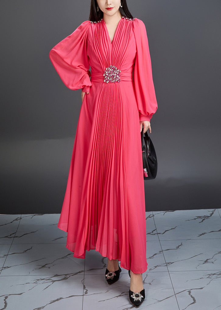 Novelty Red V Neck Wrinkled Chiffon Long Dress Fall Ar1039