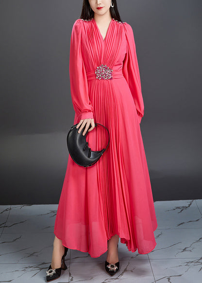 Novelty Red V Neck Wrinkled Chiffon Long Dress Fall Ar1039