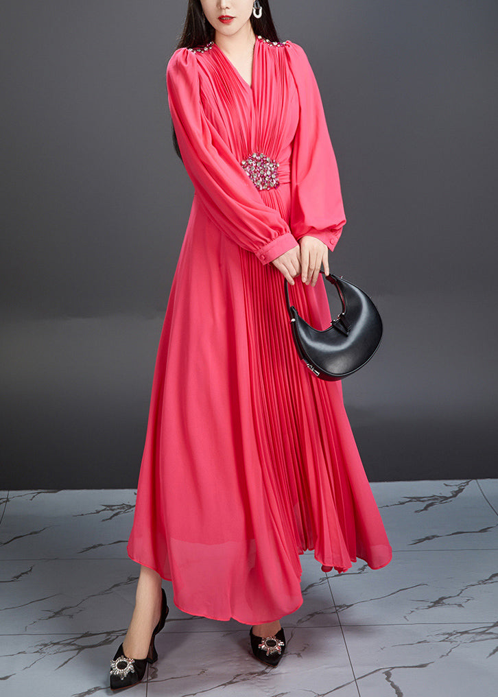 Novelty Red V Neck Wrinkled Chiffon Long Dress Fall Ar1039