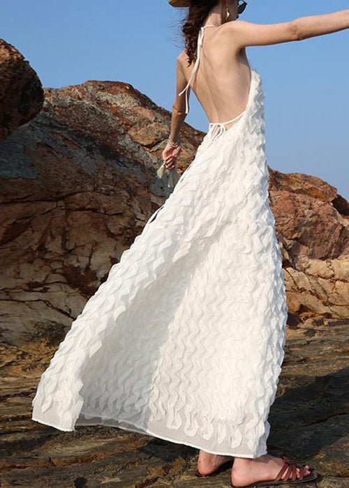 Novelty White Backless Lace Up Chiffon Long Dress Sleeveless Xx033