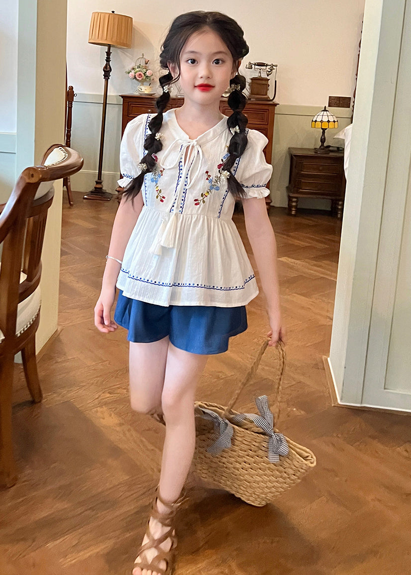 Novelty White Embroideried Patchwork Lace Tie Kids Shirt and Shorts Two Pieces Set Summer Ss1031