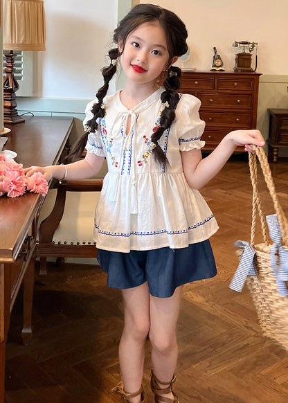 Novelty White Embroideried Patchwork Lace Tie Kids Shirt and Shorts Two Pieces Set Summer Ss1031
