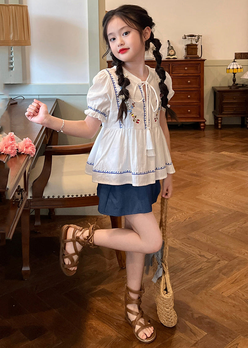 Novelty White Embroideried Patchwork Lace Tie Kids Shirt and Shorts Two Pieces Set Summer Ss1031