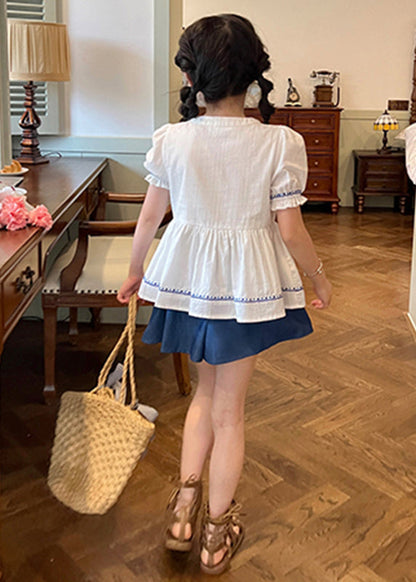 Novelty White Embroideried Patchwork Lace Tie Kids Shirt and Shorts Two Pieces Set Summer Ss1031
