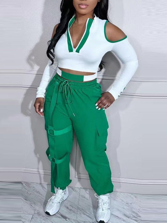 Cut Out Drawstring Side Pocket Pants Set Bo5054