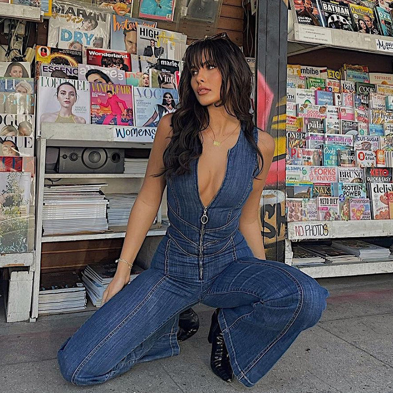 Clothing Summer Slim Fit Slimming Fashionable Backless Retro High Waist Denim Jumpsuit