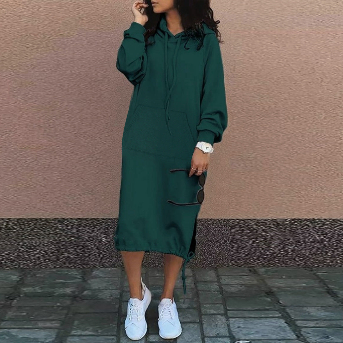 Autumn Winter Long Lace Up Hem Dress Hooded Sweater Midi Dress for