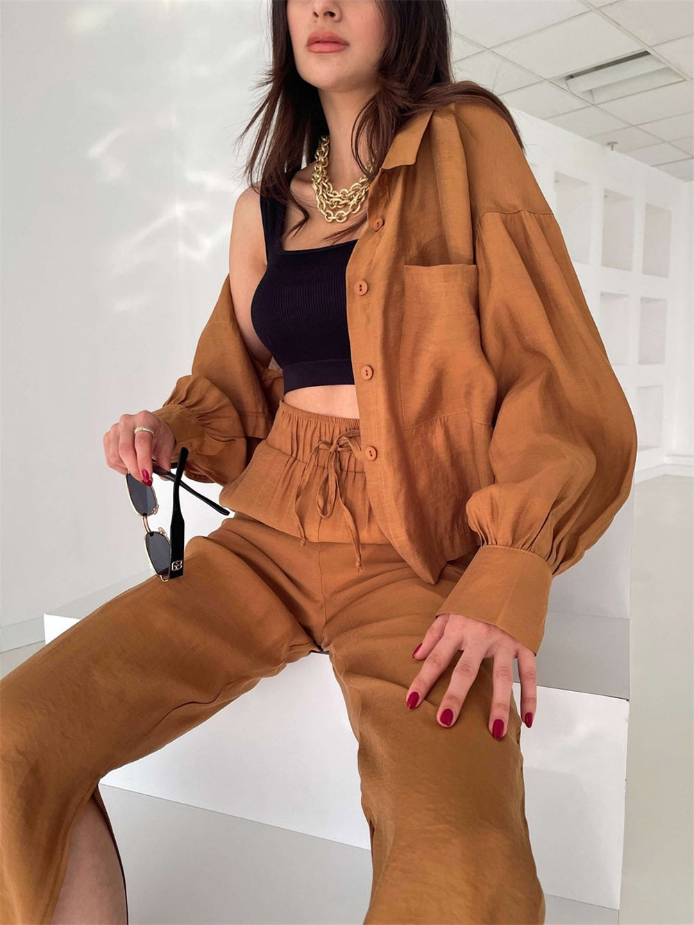 Commuting Wear Spring Summer Polo Collar Shirt Top Split Wide Leg Pants Two Piece Set Set