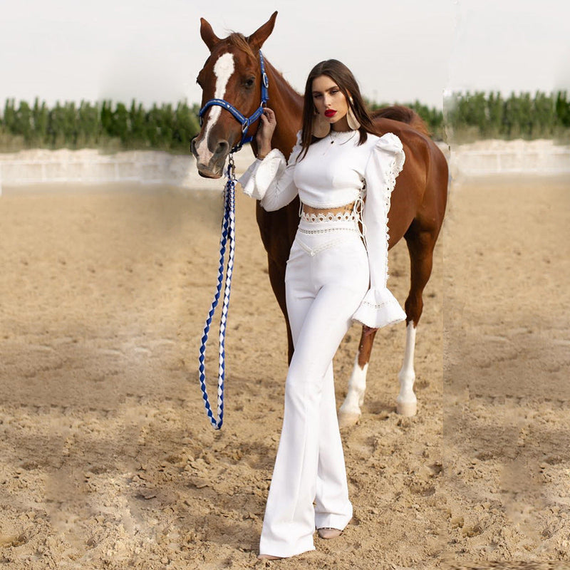 Tight Bandage Suit Long Sleeved Top Bell Bottom Pants Two Piece Set