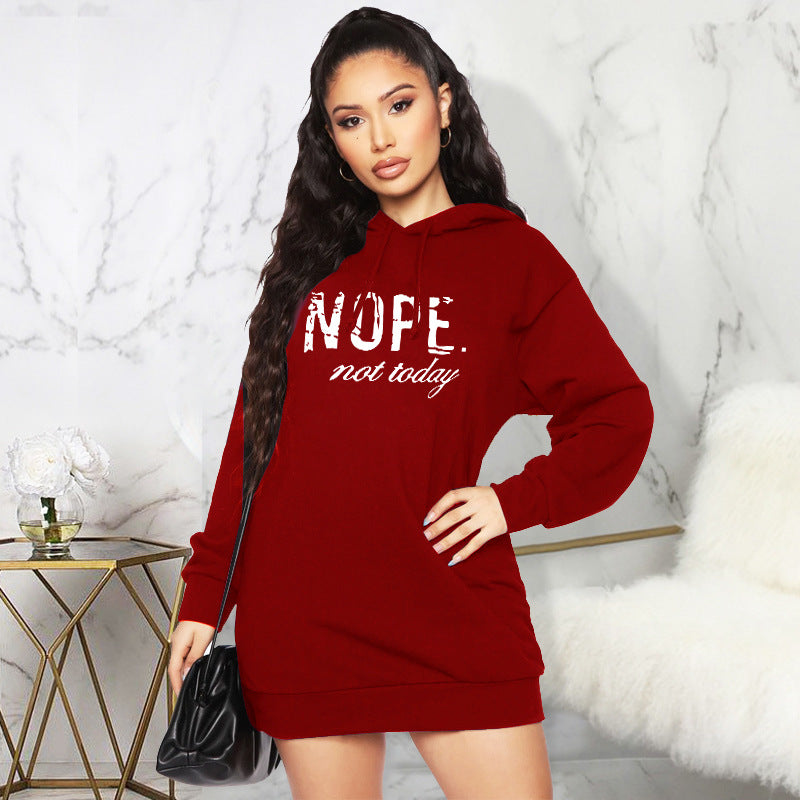 Sweater Autumn Winter Nope Printed Hooded Mid Length Top Short