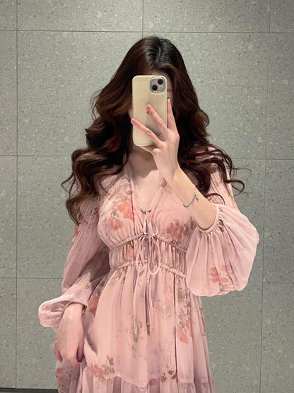 French Pink Long Sleeve Maxi Dress V-neck Fairycore Gown Gunne Sax Dress