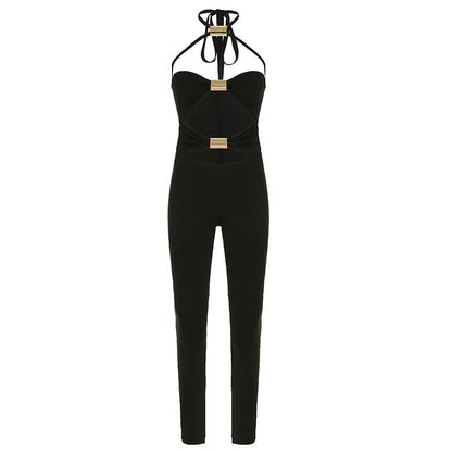 Wear Metal Tube Stitching Hollow Out Cutout Out Tight One Piece Trousers Street Skinny Pants Spring
