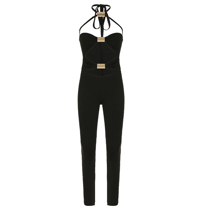 Wear Metal Tube Stitching Hollow Out Cutout Out Tight One Piece Trousers Street Skinny Pants Spring