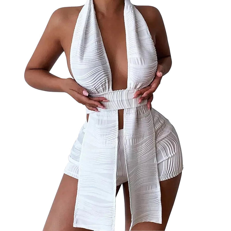 Summer Clothing Backless Jacquard Two Piece Shorts Suit