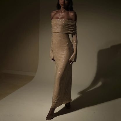 Autumn Package Hip Maxi Dress Fashionable Panel Pressing Slim Fit Off Neck Dress