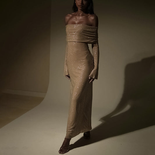 Autumn Package Hip Maxi Dress Fashionable Panel Pressing Slim Fit Off Neck Dress