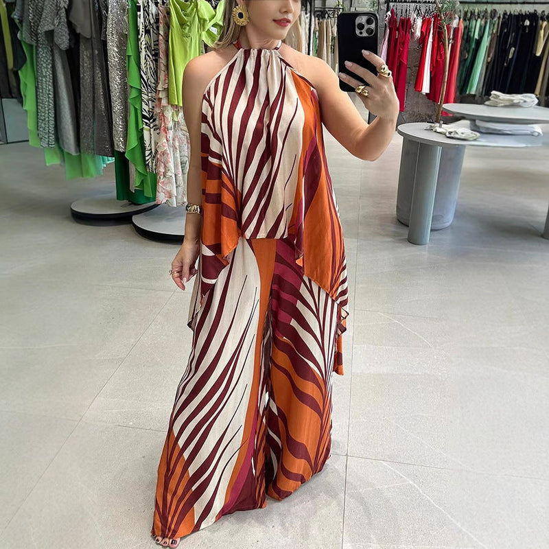 Summer Positioning Printed Long Sleeved Top Wide Leg Pants Two Piece Set Clothing