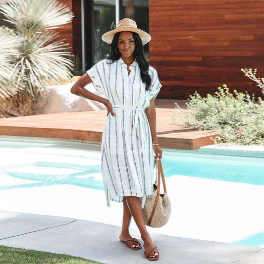 Summer Striped Short-sleeved Cardigan Single-breasted Shirtdress
