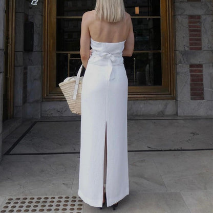 Fall Clothing Two Piece Suit V Neck Halter Strap Top Low Waist Slit Skirt