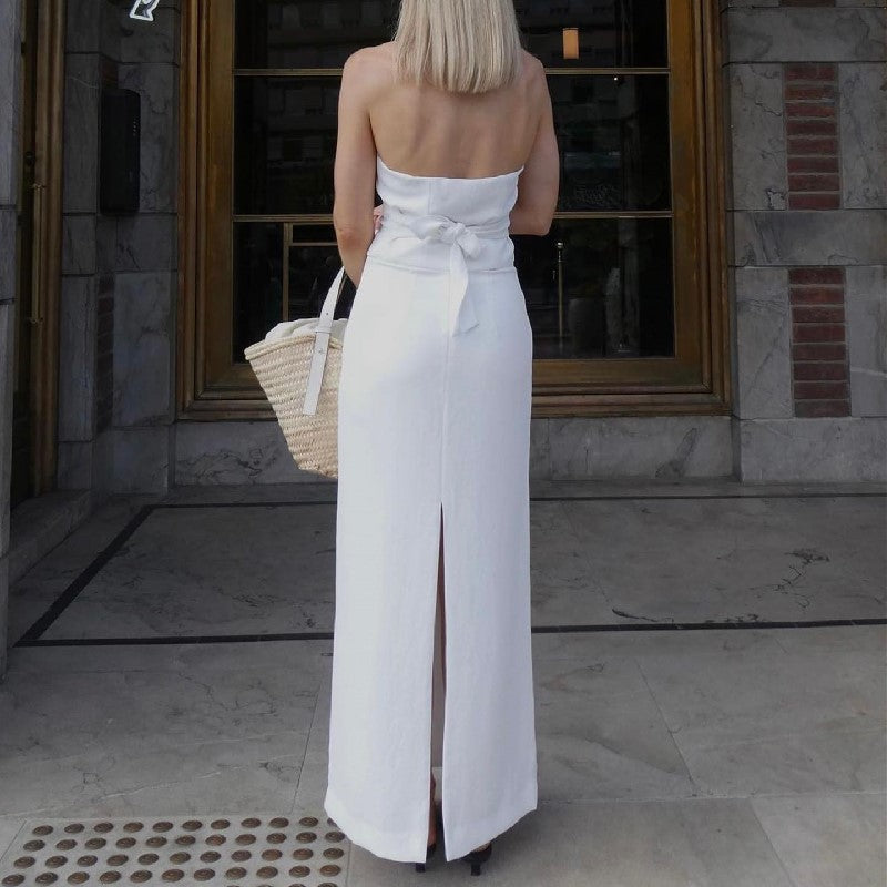 Fall Clothing Two Piece Suit V Neck Halter Strap Top Low Waist Slit Skirt