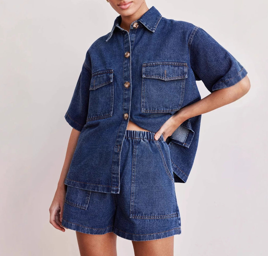 Retro Loose Pockets Short Sleeved Shirt Shorts Denim Two Piece Sets