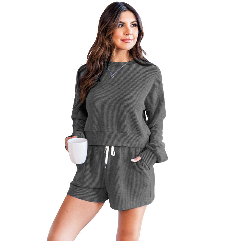 Autumn Winter Color Round Neck Pullover Long Sleeve Sweater Shorts Suit