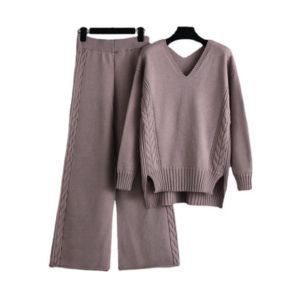 Knitted Wide Leg Pants Sweater Suit for Autumn Korean Loose Thick Twet