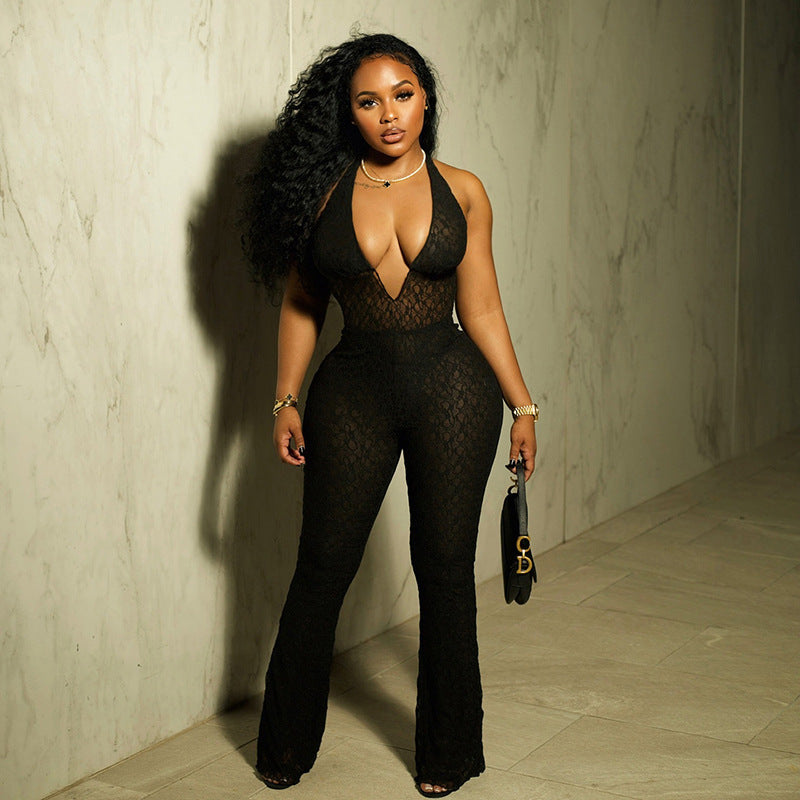 Fall Clothing Halter Deep V Plunge Neck Lace See Through Lace Up Backless Jumpsuit