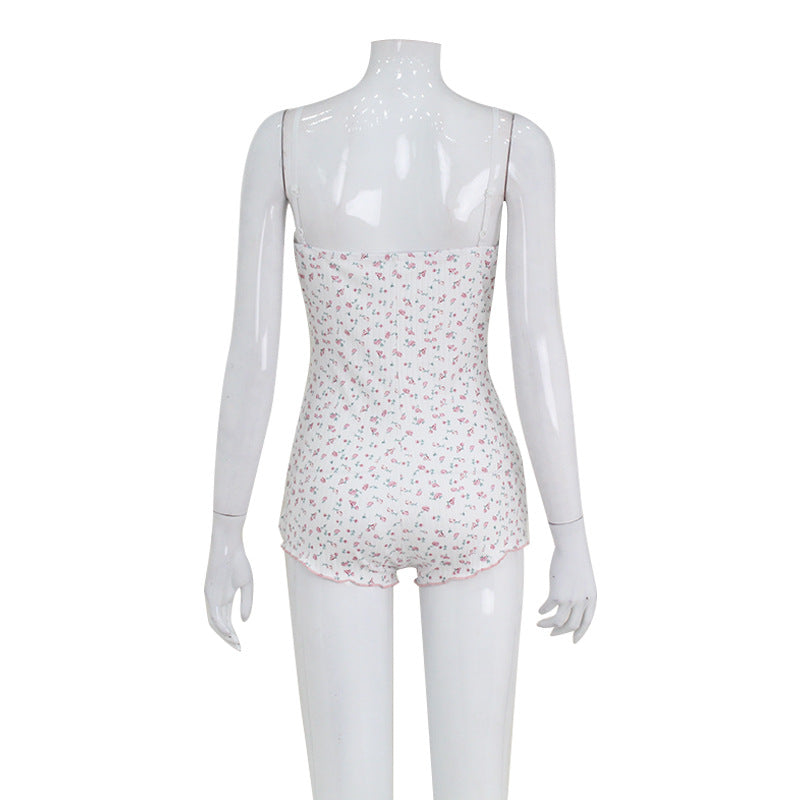 Summer Strap V Neck Lace Edge Stitching Jumpsuit Fresh Home