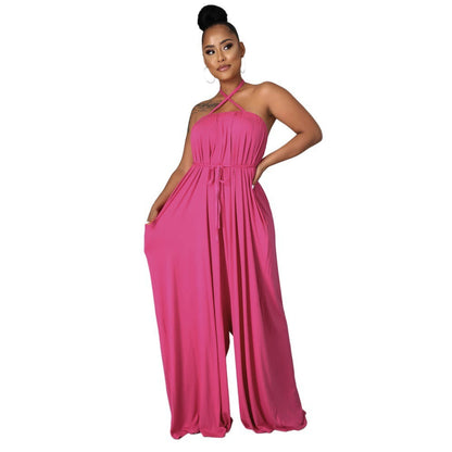 Color Summer Sleeveless Waist Wrapped Chest Loose Wide Leg Jumpsuit