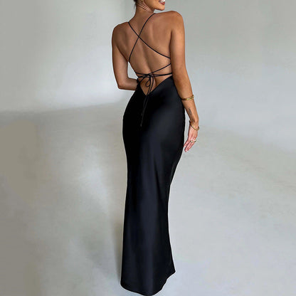 Clothing Strap Satin Dress Autumn Backless Lace Up Waist Controlled Maxi Dress