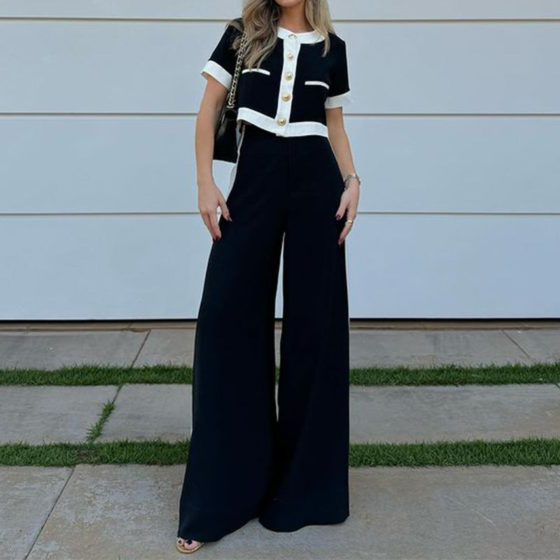 Autumn Winter Clothing Office T Shirt Shory Top Straight Leg Pants Suit Two Piece Set