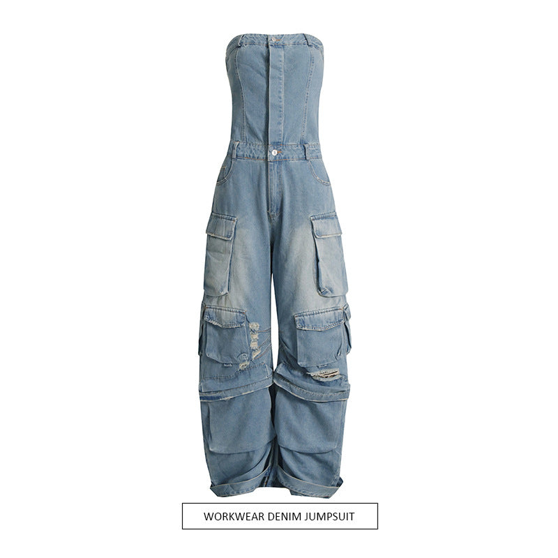 Summer Multi Pocket Ripped Waist Slimming Tube Top Tooling Denim Jumpsuit
