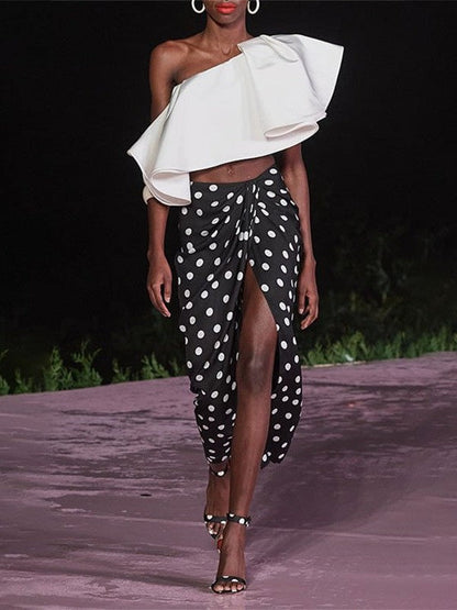 Asymmetric Ruffle Bikini Top With Shorts & Polka Dot Swimsuit Skirt Set