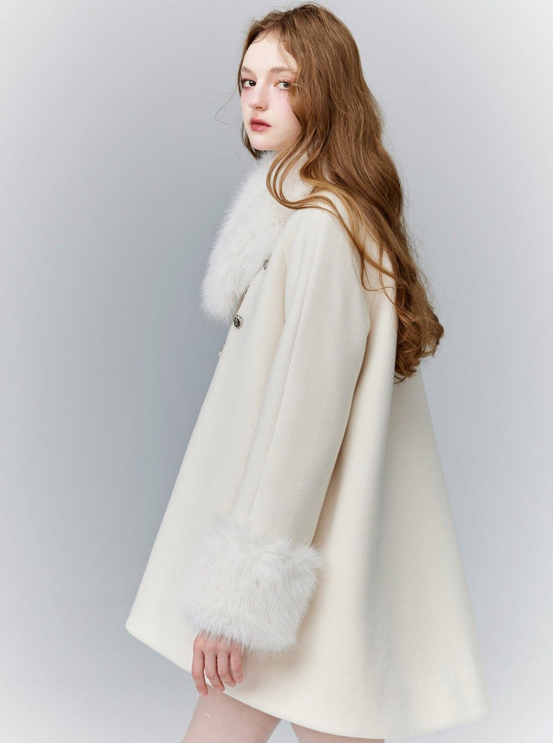 Luxe Faux Fur Trim Coat - Winter Jacket in Ivory and Black
