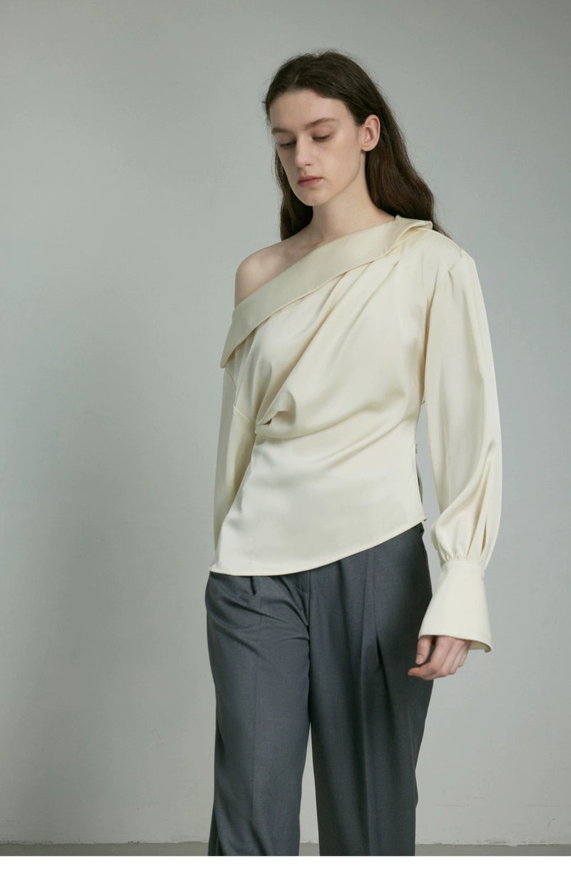 Ivory Draped Balloon Sleeve Blouse