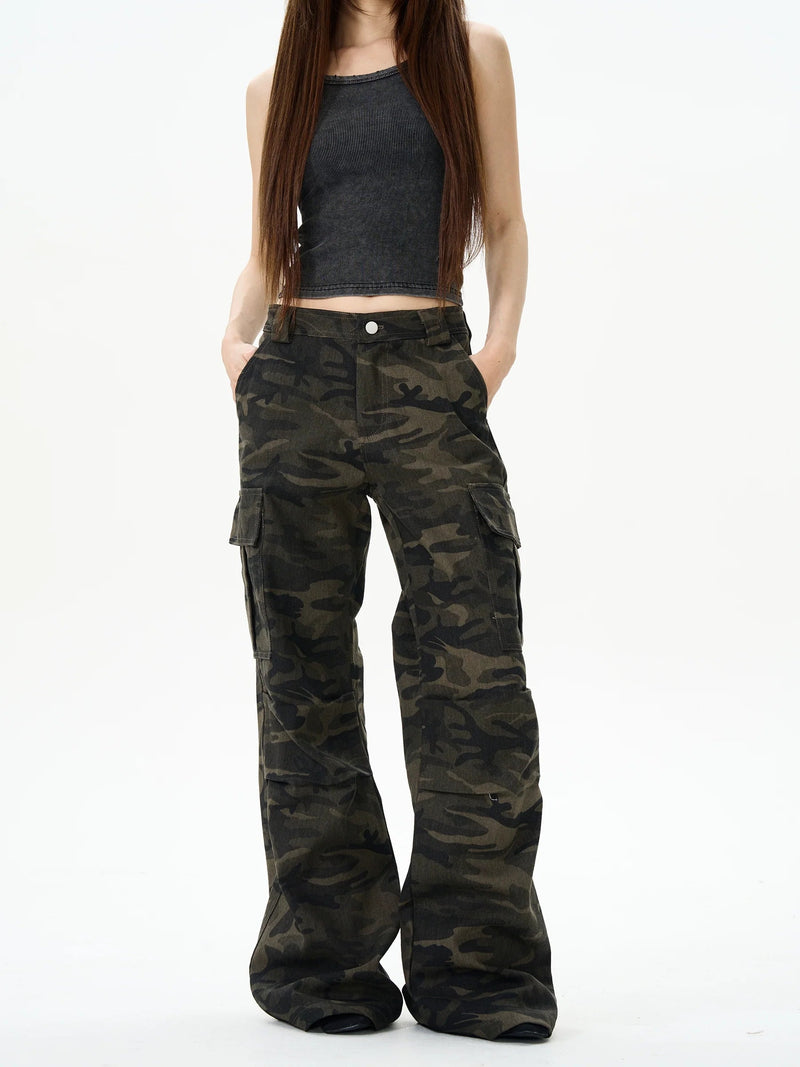 Camo Print Wide-leg Multi-pocket Cargo Pants