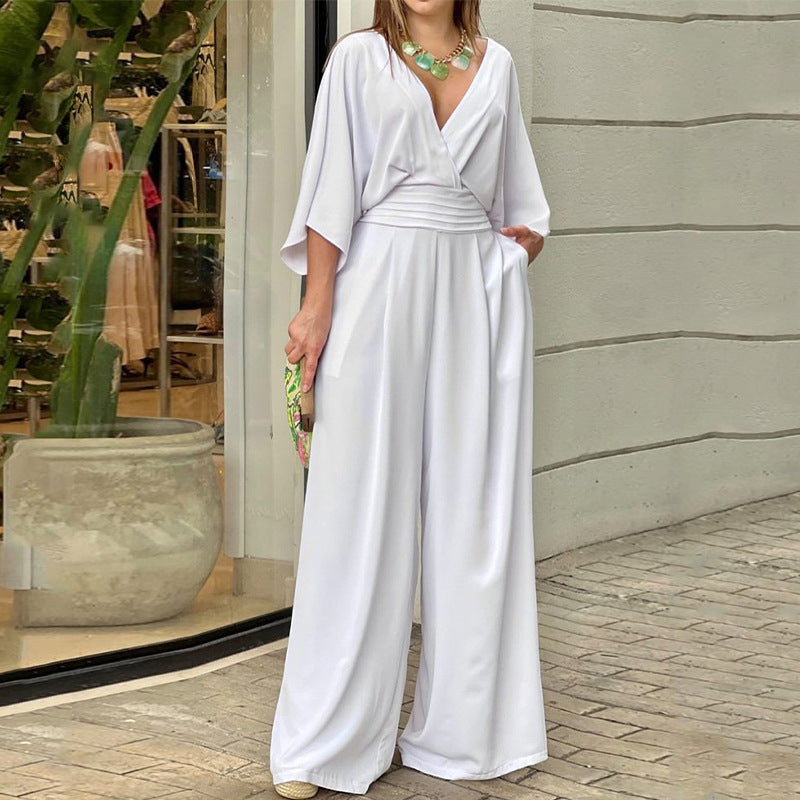Summer Clothing Color Short Sleeve V Neck Jumpsuit