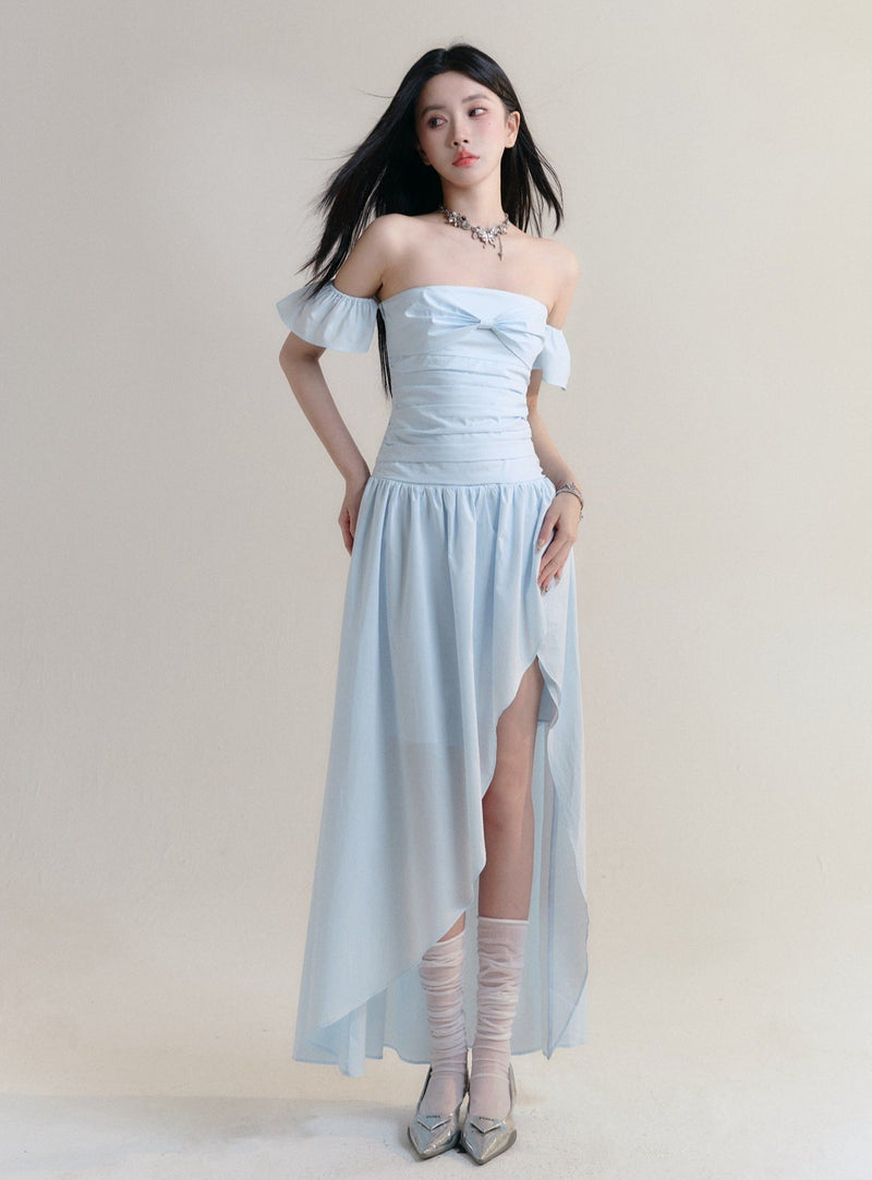 Pale Blue Off-shoulder Ruched Maxi Dress With Asymmetrical Hem