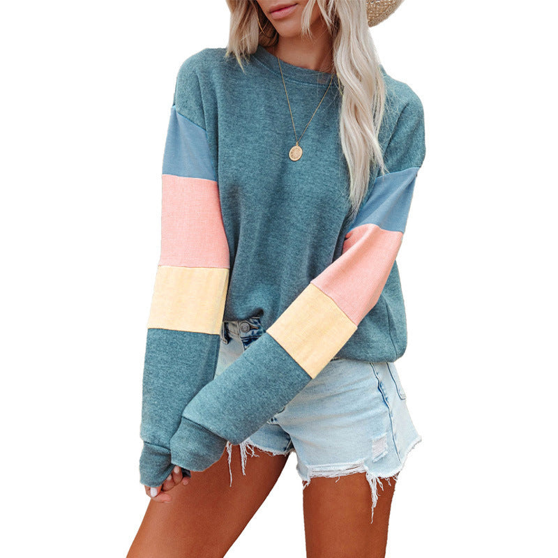 Pullover Sweatshirt Spring Autumn Round Neck Long Sleeve Contrast Color Long Sleeve T Shirt