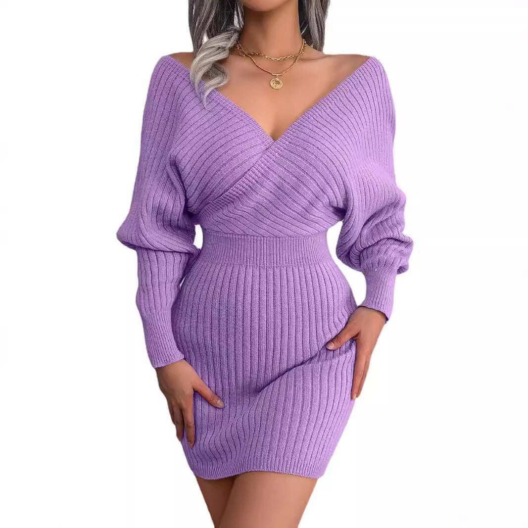 Cross V-neck Bat Skirt Hip Dress Sweater Dress