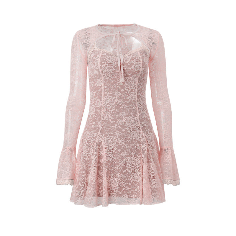 Autumn Lace Pink Waistcoat Bell Sleeve Slip Two Piece Set