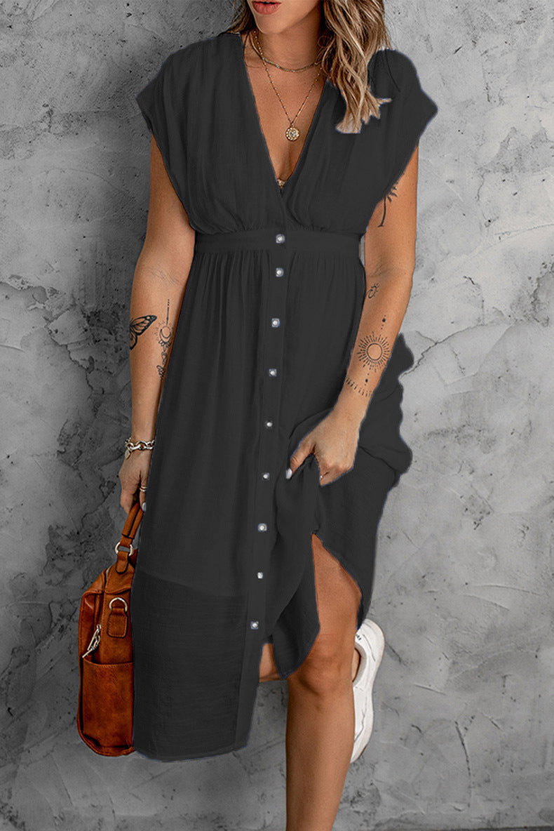 Summer Double Layer Tulle Color Dress Deep V Plunge Short Sleeve Waist Controlled Maxi Dress