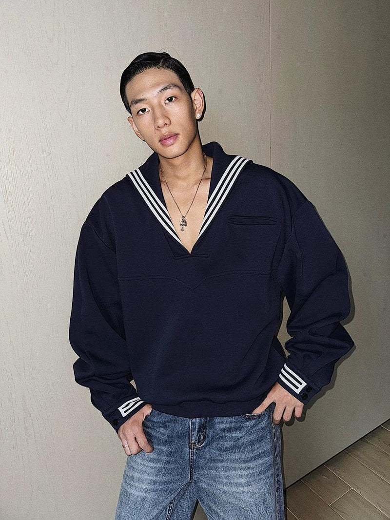 Weave Studio Navy Blue Sailor Collar Sweatshirt - Oversized Nautical V-neck Pullover