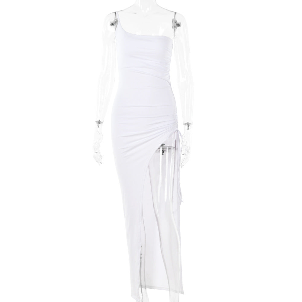 Spring Single Shoulder Cami Dress Tight Ruched High Split Maxi Dress for