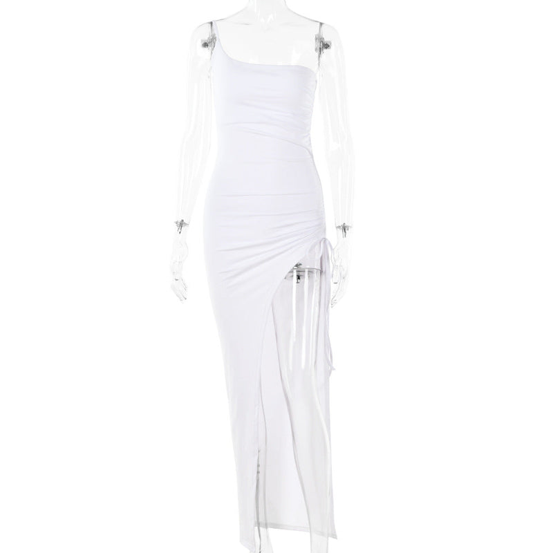 Spring Single Shoulder Cami Dress Tight Ruched High Split Maxi Dress for
