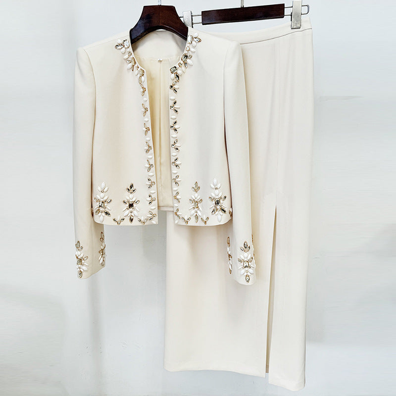 Star Heavy Industry Beads Cardigan Coat Split Skirt Set Two Piece Set